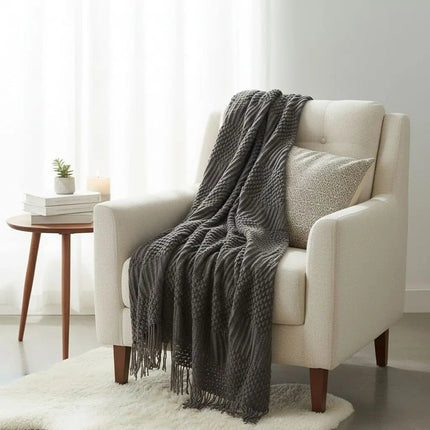 Woven Throw Blanket, Textured Couch Throw Blanket with Fringe, Lightweight Sofa Throw and Nap Blanket for Bed