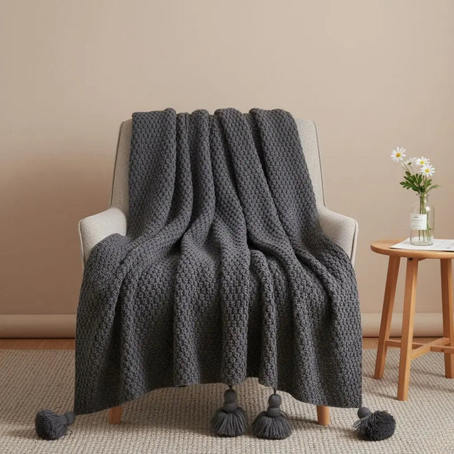 Knit Throw Blanket with Tassels, Pineapple Knit Blanket for Sofa and Bed, Lightweight Acrylic Blanket for Nursery
