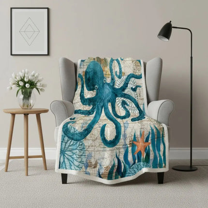 Fleece Throw Blankets, Ocean Print Cozy Blanket with Sea Animal Design, Thick Plush Fleece Blanket for Sofa and Bed