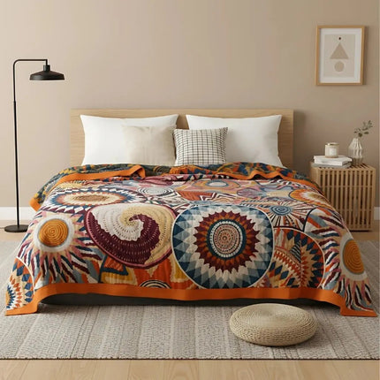 Cotton Throw Blanket, Double Layer Cotton Blanket with Geometric Print, Thick Bed Cover for All Seasons
