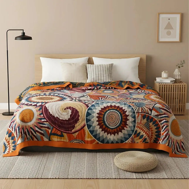 Cotton Throw Blanket, Double Layer Cotton Blanket with Geometric Print, Thick Bed Cover for All Seasons