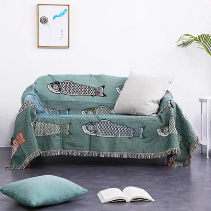 Woven Throw Blanket with Koi Fish Pattern, Cotton Blend Couch Cover for Bed and Chair – image 4