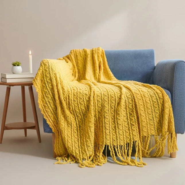 Knit Throw Blanket for Couch, Jacquard Knitted Blanket with Tassels, Cozy Blanket for Bed and Dorm