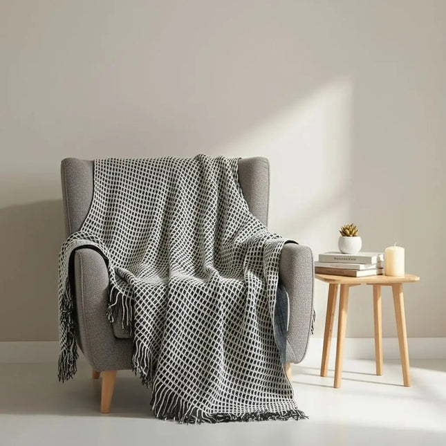Woven Throw Blanket, Waffle Blanket with Tassels
