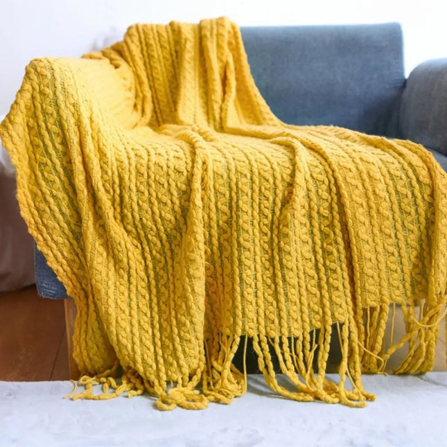 Knit Throw Blanket for Couch, Jacquard Knitted Blanket with Tassels