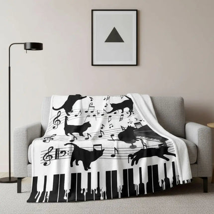 Cat Piano Print Throw Blanket, Lightweight Soft Blanket for Sofa and Bed