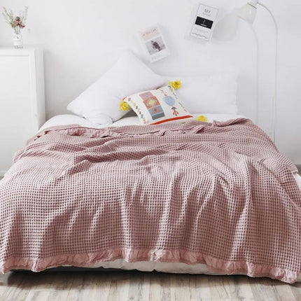 Throw Blanket for Bed and Sofa, Waffle Cotton Blanket with Lace Trim – image 6