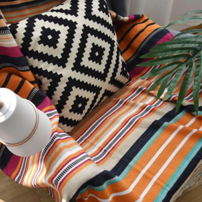 Throw Blankets, Cozy Blanket with Colorful Stripes and Tassels
