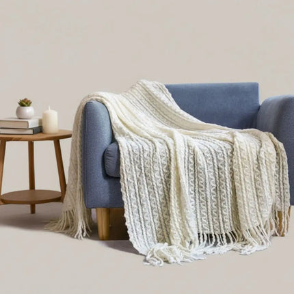 Knit Throw Blanket for Couch, Jacquard Knitted Blanket with Tassels – image 4