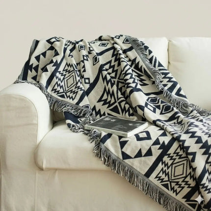 Cotton Throw Blanket with Fringe, Geometric Woven Cotton Blanket, Sofa Throw, Lightweight Comforter for Bed