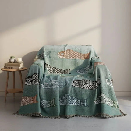 Woven Throw Blanket with Koi Fish Pattern