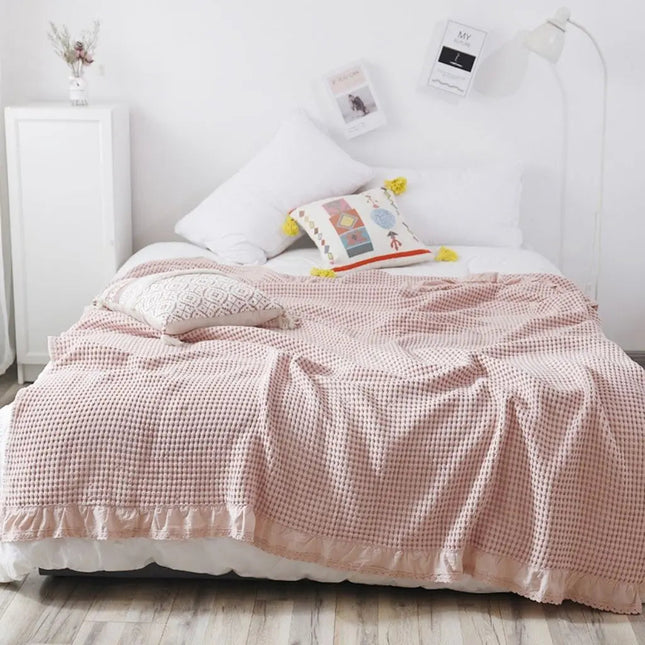 Throw Blanket for Bed and Sofa, Waffle Cotton with Lace Trim