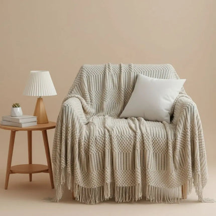 Knit Throw Blanket for Couch, Nordic Knitted Blanket with Tassel Fringe, Cozy Blanket for Bed and Sofa – image 6