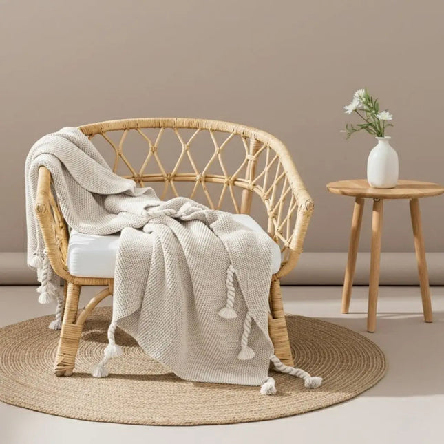 Throw Blankets, Knit Cotton Blanket with Twisted Tassels