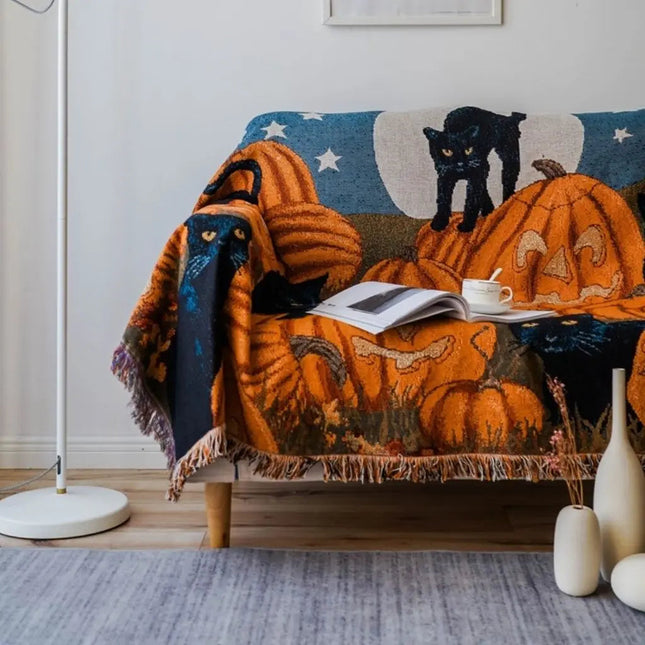 Halloween Throw Blanket with Pumpkin and Cat Design, Halloween Blanket for Couch, Fall Sofa Throw for Halloween Decor