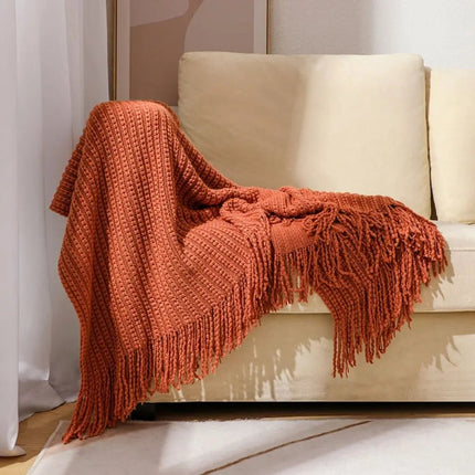 Chenille Throw Blanket with Long Fringe, Cozy Blanket for Couch