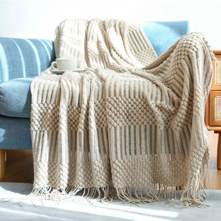Knit Throw Blanket for Couch, Nordic Knitted Blanket with Tassel Fringe – image 7