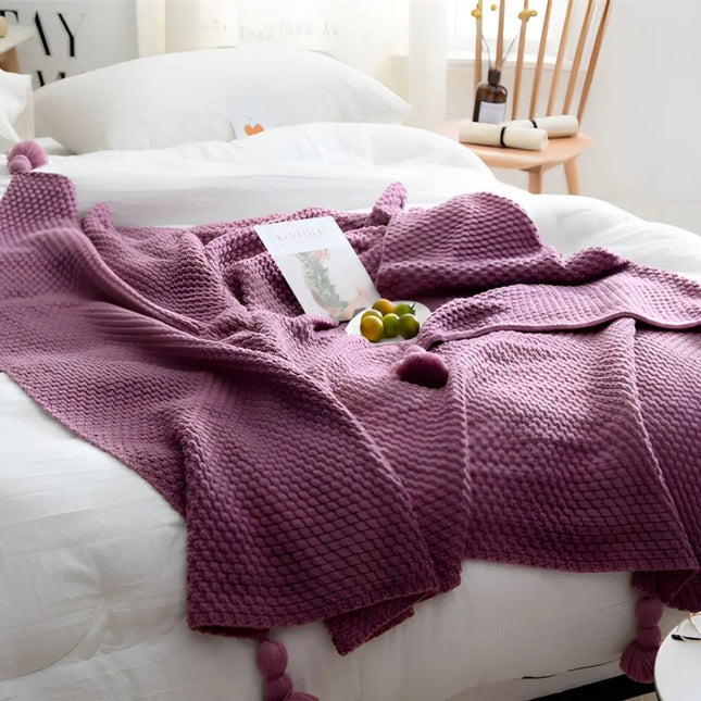 Knitted Throw Blanket with Tassels, Lightweight Knit Blanket for Couch