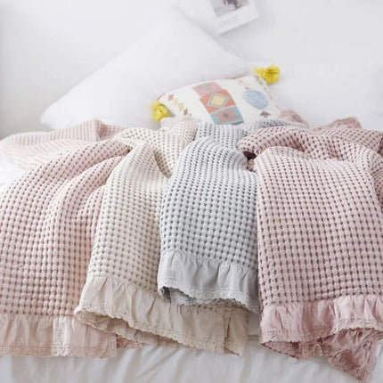 Throw Blanket for Bed and Sofa, Waffle Cotton Blanket with Lace Trim – image 8