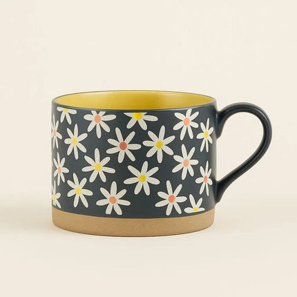 Stoneware Coffee Mugs, Cute Floral Ceramic Mug for Tea, Ceramic Coffee Cup with Handle and Wide Rim