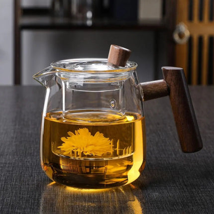 Glass Teapot with Infuser, Borosilicate Teapot with Wooden Handle