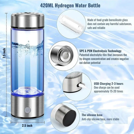 Portable Hydrogen Water Bottle, Rechargeable Borosilicate Glass Water Bottle for Home and Work