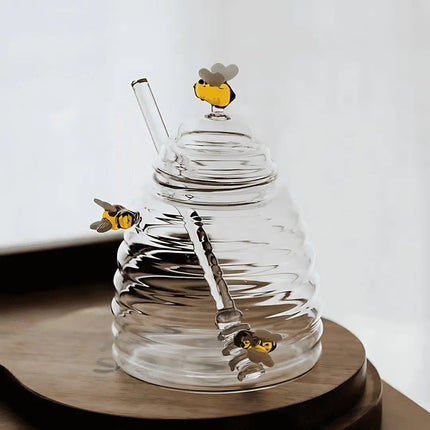 Glass Honey Jar 15 oz, Kitchen Decor with Amber Glass Bees