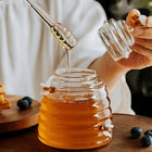 Glass Honey Jar 15 oz, Beehive Honey Pot with Honey Dipper, Kitchen Decor with Amber Glass Bees