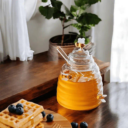 Glass Honey Jar 15 oz, Beehive Honey Pot with Honey Dipper