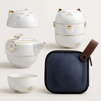 Travel Tea Set with Case, Fortune Cat Ceramic Teapot with 2 Teacups, Portable Chinese Tea Set for Office and On the Go