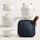 Travel Tea Set with Case, Fortune Cat Ceramic Teapot with 2 Teacups, Portable Chinese Tea Set for Office and On the Go