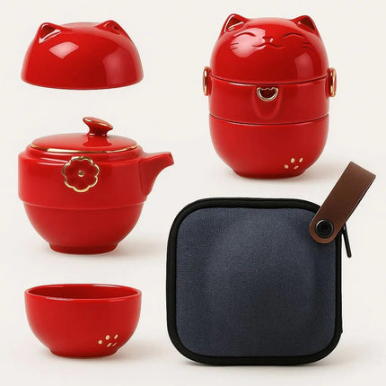 Travel Tea Set with Case, Fortune Cat Ceramic Teapot with 2 Teacups