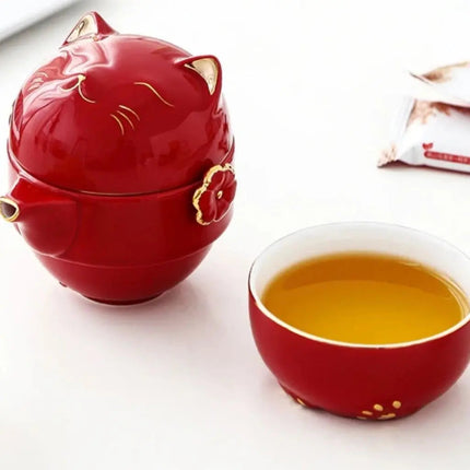 Fortune Cat Ceramic Teapot with 2 Teacups, Portable Chinese Tea Set for Office and On the Go – image 7
