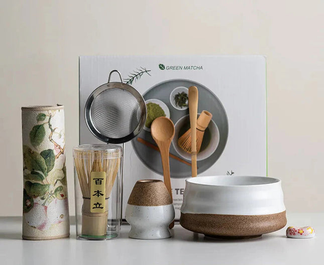 Ceramic Matcha Tea Set | 8-Piece Sakura Design with Bamboo Whisk & Frother | Complete Tools for Authentic Preparation 0