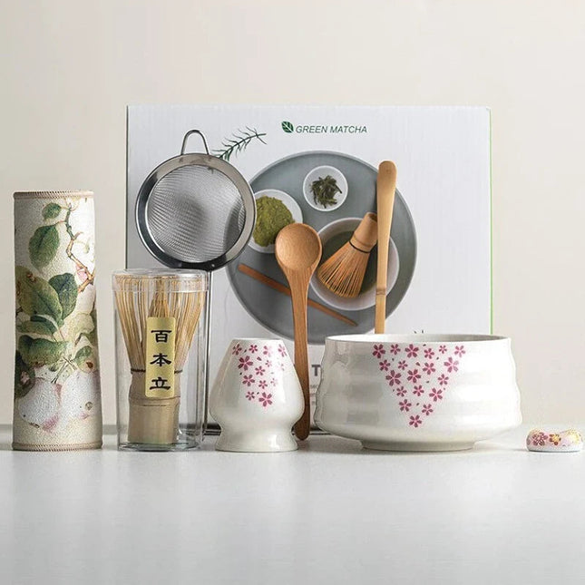 Ceramic Matcha Tea Set | 8-Piece Sakura Design with Bamboo Whisk & Frother | Complete Tools for Authentic Preparation 1