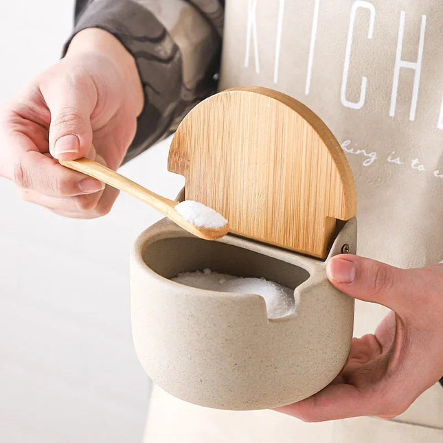 Ceramic Spice Jar with Bamboo Lid & Built-in Spoon Rest | Japanese-Style Spice Container for Tidy Cooking 0