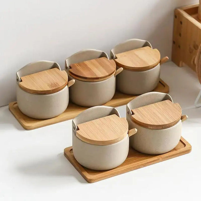 Ceramic Spice Jar with Bamboo Lid & Built-in Spoon Rest | Japanese-Style Spice Container for Tidy Cooking 1