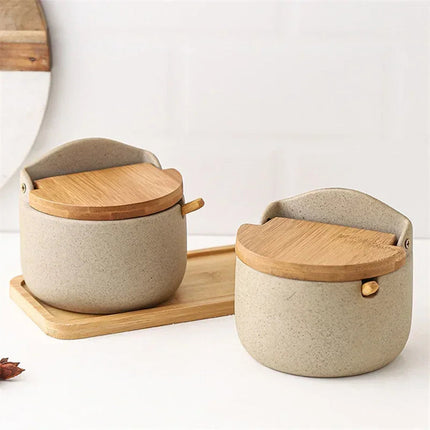 Ceramic Spice Jar with Bamboo Lid & Built-in Spoon Rest | Japanese-Style Spice Container for Tidy Cooking 2