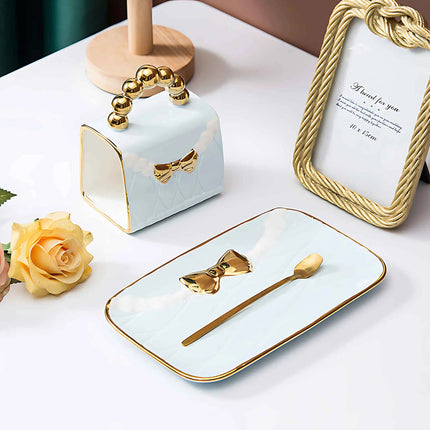 Coffee Cup with Saucer and Spoon, Teacup and Saucer with Gold Handle and Bow, Handbag Shaped Ceramic Cup for Gifting