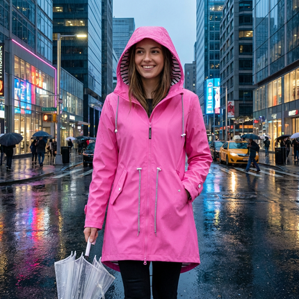 Chic Extended Raincoat | Weather-Resistant Women's Rain Jacket with Customizable Hood | Stylish Protection for All Occasions 1