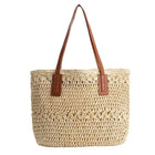 Chic Straw Tote Bag with Leather Straps | Stylish Beach Bag for Everyday Use 0