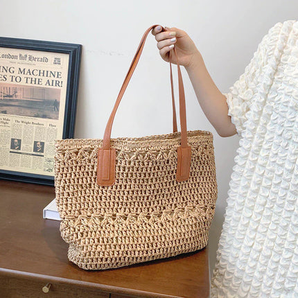 Chic Straw Tote Bag with Leather Straps | Stylish Beach Bag for Everyday Use 1