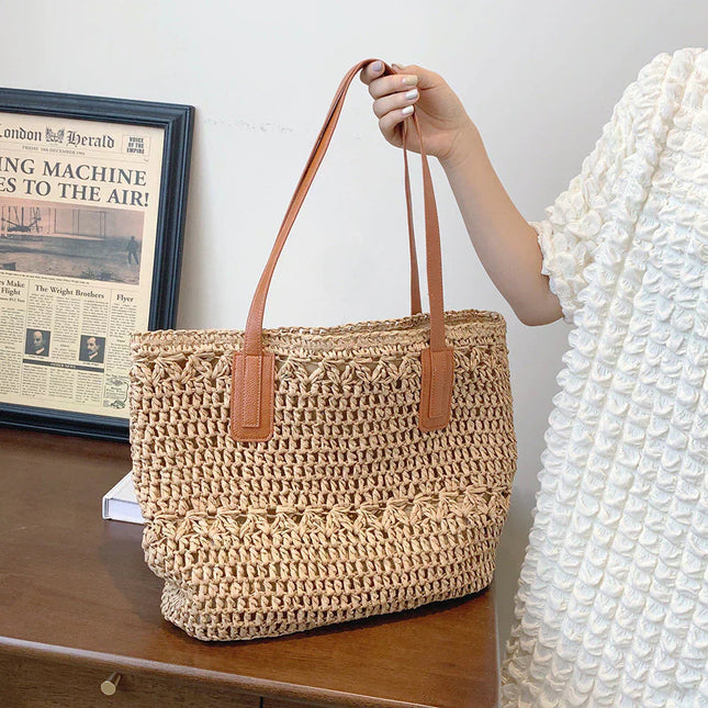 Chic Straw Tote Bag with Leather Straps | Stylish Beach Bag for Everyday Use 1