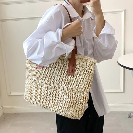 Chic Straw Tote Bag with Leather Straps | Stylish Beach Bag for Everyday Use 3