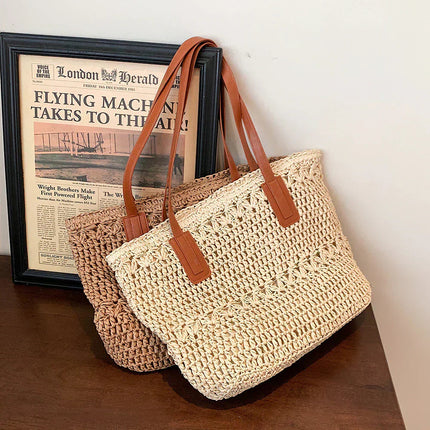 Chic Straw Tote Bag with Leather Straps | Stylish Beach Bag for Everyday Use 4