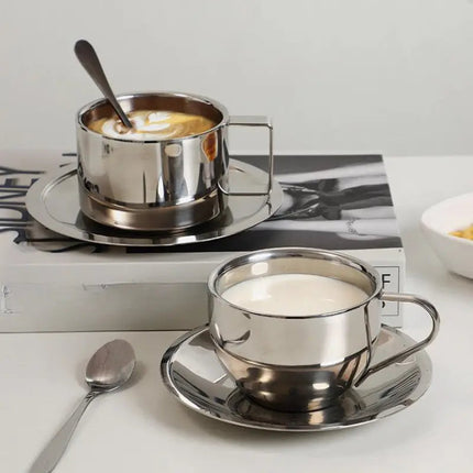 Stainless Steel Coffee Cup with Saucer, Double Wall Insulated Cup 6.8 oz, Metal Cup and Saucer Set with Geometric Handle