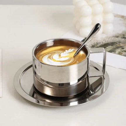 Stainless Steel Coffee Cup with Saucer, Double Wall Insulated Cup 6.8 oz