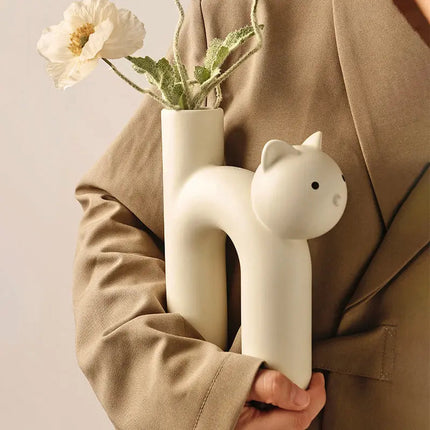 Cat Vase for Flowers, Ceramic Flower Vase with Marble Finish