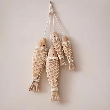 Wooden Fish Wall Hanging, Coastal Wall Art with Rope Netting