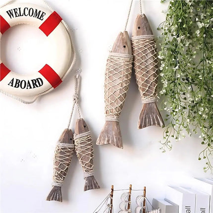 Wooden Fish Wall Hanging, Coastal Wall Art with Rope Netting – image 5